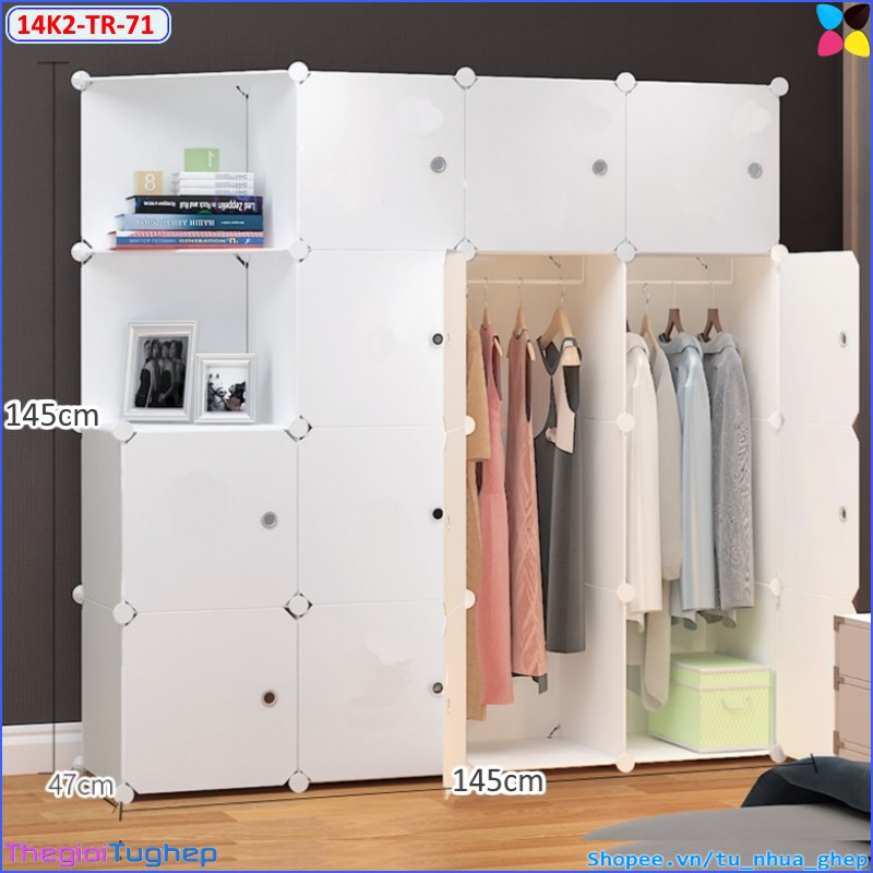 Tủ nhựa ghép 14 ô và 2 kệ size sâu 47cm, chọn màu thân và cửa theo phân loại (trắng trơn, hình mèo đen)