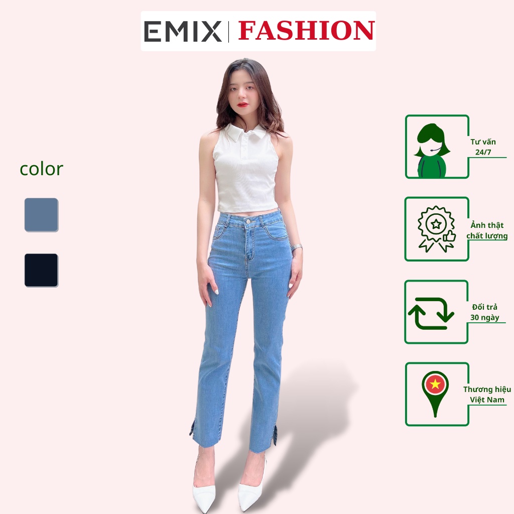 Quần jean suông xẻ gấu EMIX (2 màu), basic trousers, công sở, dài 85cm, cạp cao, gấu xẻ, chất jeans ít giãn