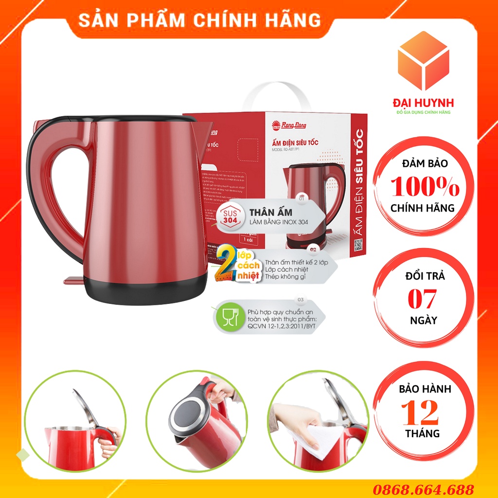 Ấm Đun Nước, Ấm Siêu Tốc, Cách Nhiệt, Cách Điện Cao Cấp Chính Hãng 1700ml INOX304 RD-AST17P1 Rạng Đông