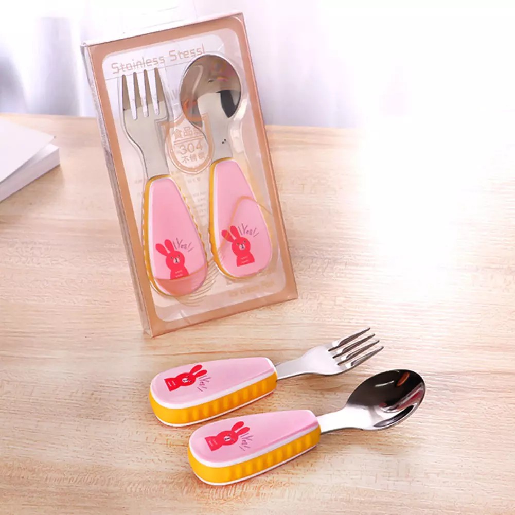 2 Cái/bộ Phim Hoạt Hình Bé Đào Tạo Bộ Đồ Ăn Trẻ Em Muỗng Thép Không Gỉ Kids Silicone Xử Lý Bộ Đồ Ăn_123Lifevn
