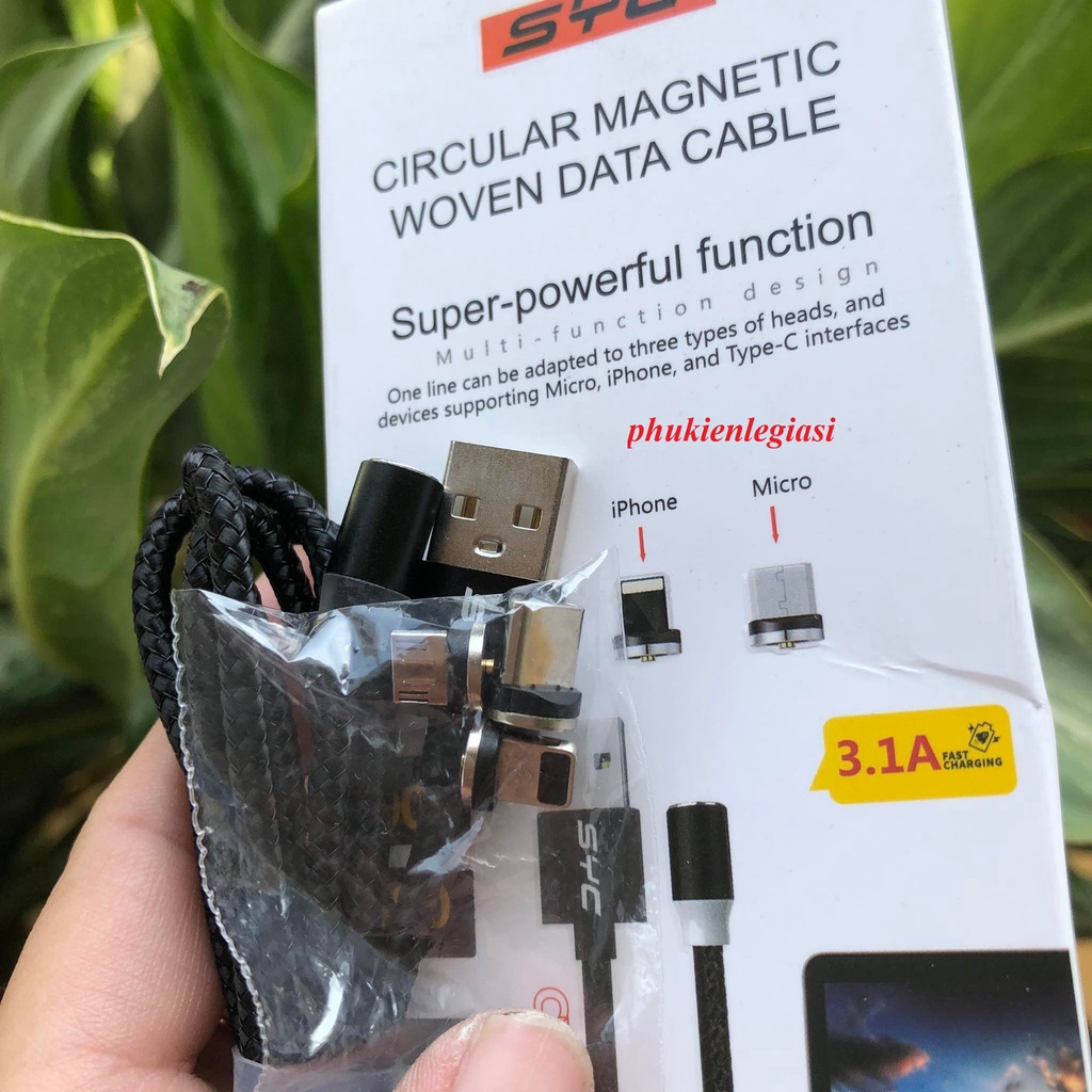 Kèm đầu sạc- Cáp sạc từ hút nam châm 3 đầu SYC CX13 lai ning- micro USB-Type C xoay 360 độ dây dù