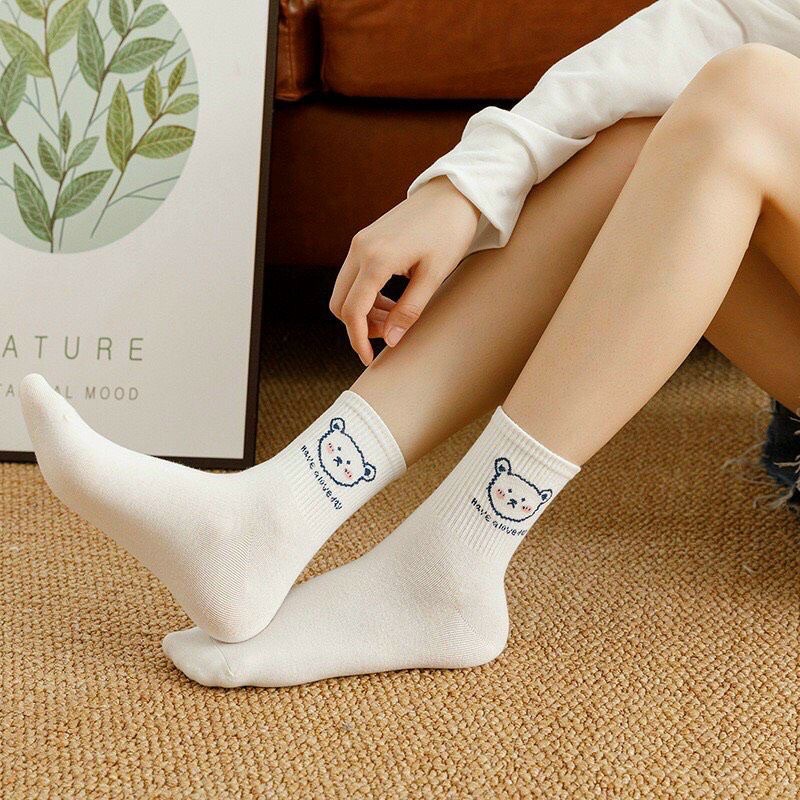 Set 5 đôi tất vớ nữ cổ cao hình gấu thỏ màu trắng len gân tăm cực đẹp hotrend BT7