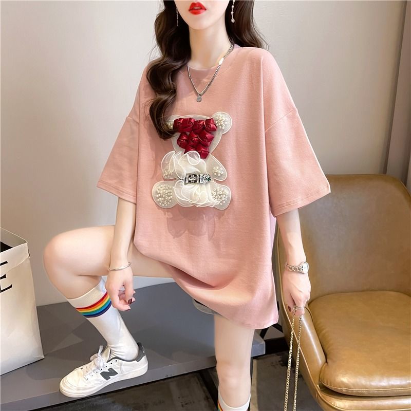 Áo Thun Cotton Mỏng Dáng Rộng Ngắn Tay Thêu Hình Phong Cách Hàn Quốc Thời Trang Mùa Hè Dành Cho Nữ 2022