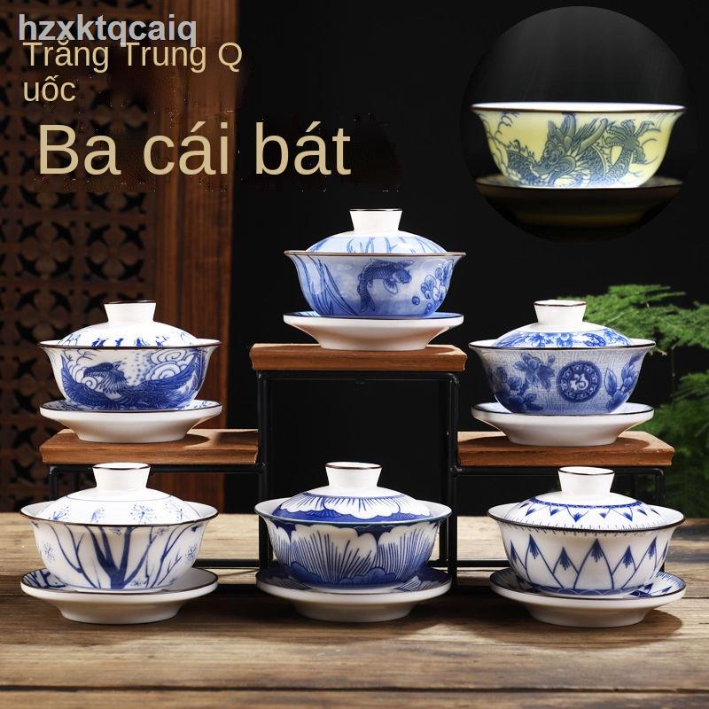 ( Sẵn)◊♚✠Màu xanh và trắng thịt cừu béo ngọc bích cốc trà ba nắp gốm sứ bìa bát lớn uống đựng tách máy pha bộ gia dụng