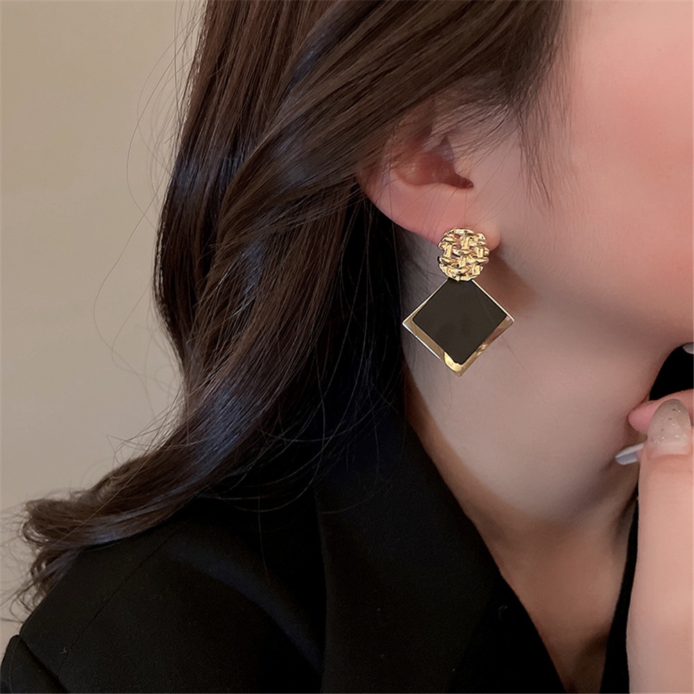 Bông Tai Mạ Bạc 925 Hình Vuông Màu Đen Phong Cách retro Pháp Cho Nữ