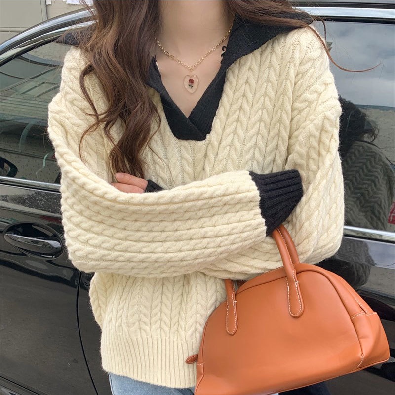 Áo Len Sáp Mềm Dài Tay Dáng Rộng Phối Màu Tương Phản Kiểu retro Hàn Quốc