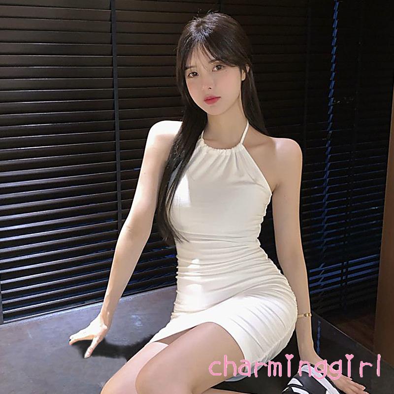 Đầm Mini Hở Lưng Cổ Yếm Màu Trơn Thời Trang Cho Nữ