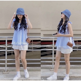 Set áo 2s thắt nơ kẻ caro xanh & quần short đũi trắng