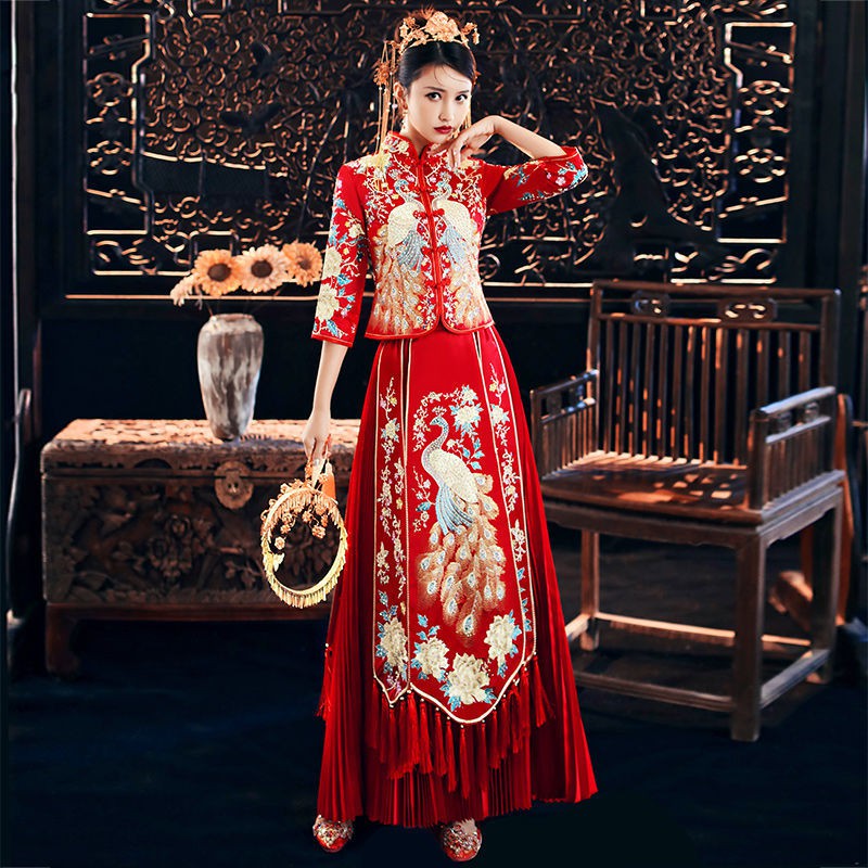 giá đặc biệt bán hàng trực tiếp tại nhà máyxiuhe quần áo cô dâu 2021 váy cưới mùa thu mới Trung Quốc xếp ly cỡ