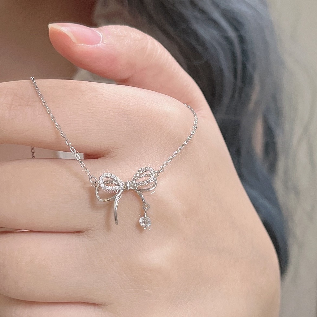 Vòng cổ Bạc Mặt Nơ Pha Lê Thời Trang Phong Cách Hàn Quốc Cho Nữ