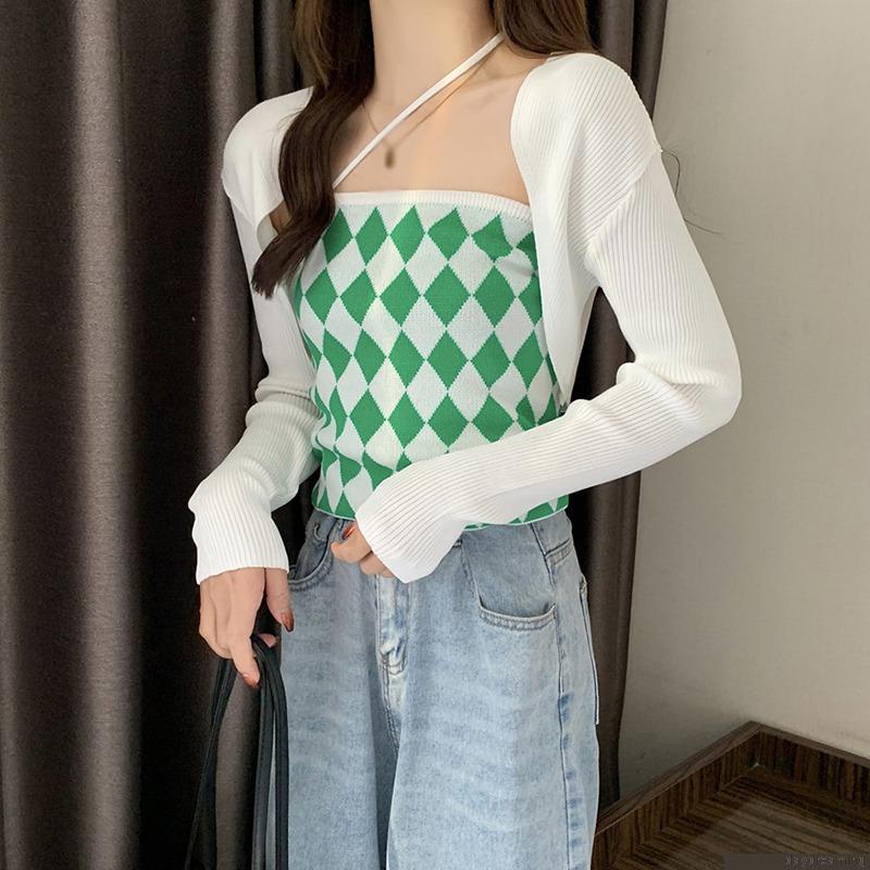 Áo hai dây và áo khoác cardigan dệt kim phong cách mùa thu cho nữ
