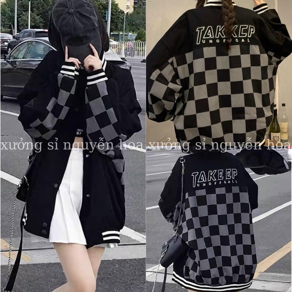 Áo khoác bomber nam nữ Takeep form rộng unisex chất nỉ dày dặn họa tiết cờ caro siêu ngầu đẹp chuẩn ảnh