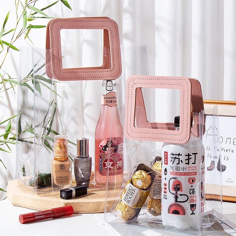 [Quai Hồng - Nhựa Siêu Dày] Túi Nhựa Trong Suốt Dé Store Có Quai Cầm Bằng Da Phong Cách Hàn Quốc