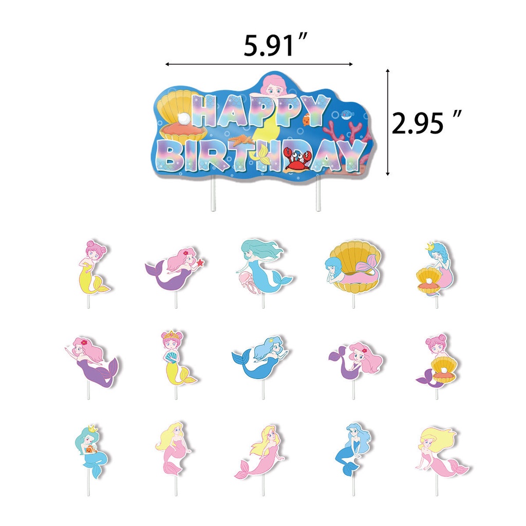 1 Set Banner Trang Trí Bánh Kem Chủ Đề Nàng Tiên Cá Biển