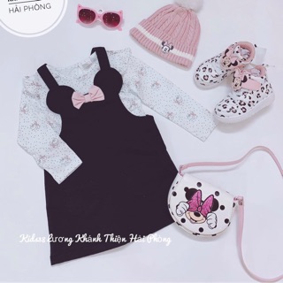 Set yếm mickey đen nơ Hồng dài tay