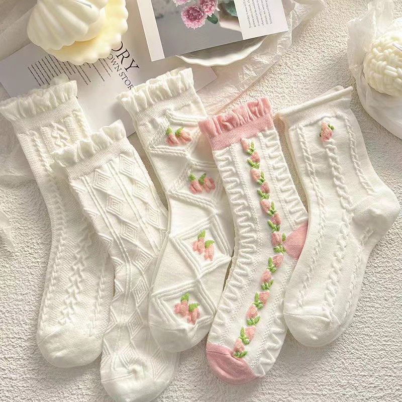 Tất Vớ Nữ Trắng Dải Hoa Cao Cổ Phong Cách Lolita Nữ Tính