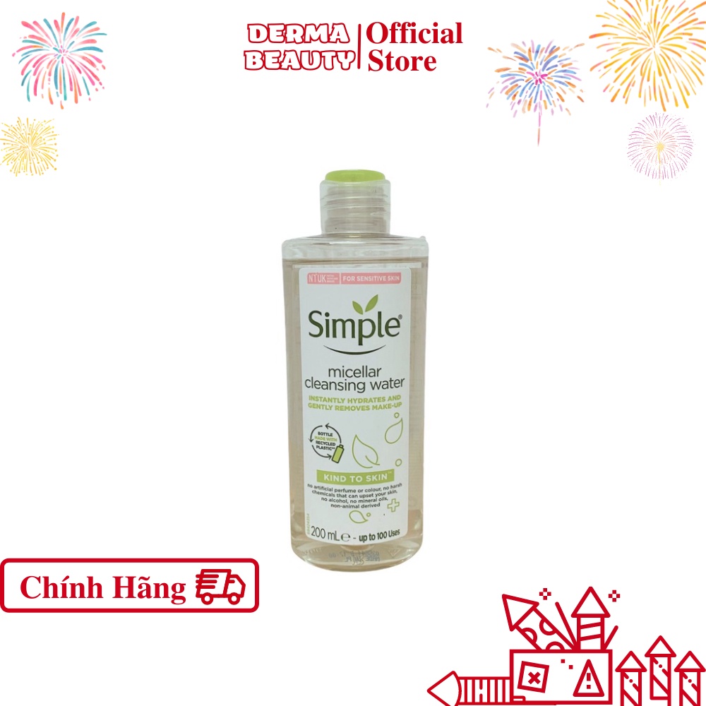 Nước Tẩy Trang Simple Micellar Làm Sạch, Không Chứa Cồn, Không Gây Khô Rát 200ml