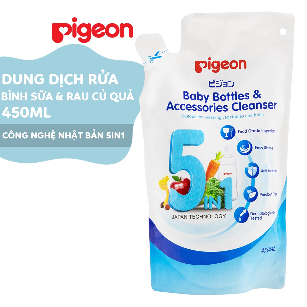 Dung dịch súc rửa bình sữa và rau củ quả Pigeon ECO túi 450ml 5in1