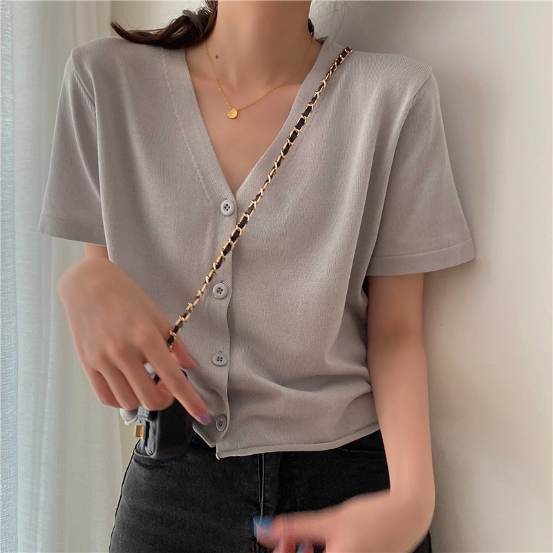 Áo cardigan dệt kim XIAOZHAINV màu trơn dáng rộng tay ngắn cổ chữ V có 5 màu sắc cho nữ