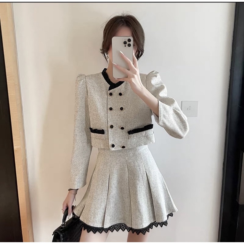 Set Dạ Tweed Áo Khoác Lửng Kèm Chân Váy Xoè Siêu Xinh Phong Cách Hàn Quốc_ Hàng Order QCCC