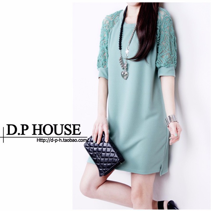 Đầm suông nữ phối ren tay, áo dáng dài da01