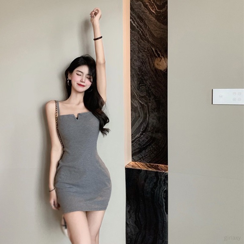 Đầm Hai Dây Cổ Chữ V Màu Sắc Trơn Phong Cách Hàn Quốc Quyến Rũ Dành Cho Nữ