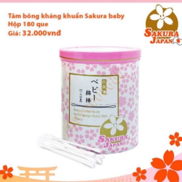 Tăm bông kháng khuẩn thân giấy Sakura baby (Tiêu chuẩn Nhật Bản) cho em bé / trẻ em 2 đầu tròn TB02 - Hộp 180 que