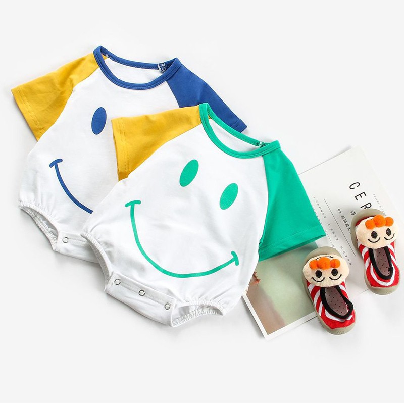 Bộ đồ liền thân tay ngắn in hình mặt cười dành cho bé sơ sinh