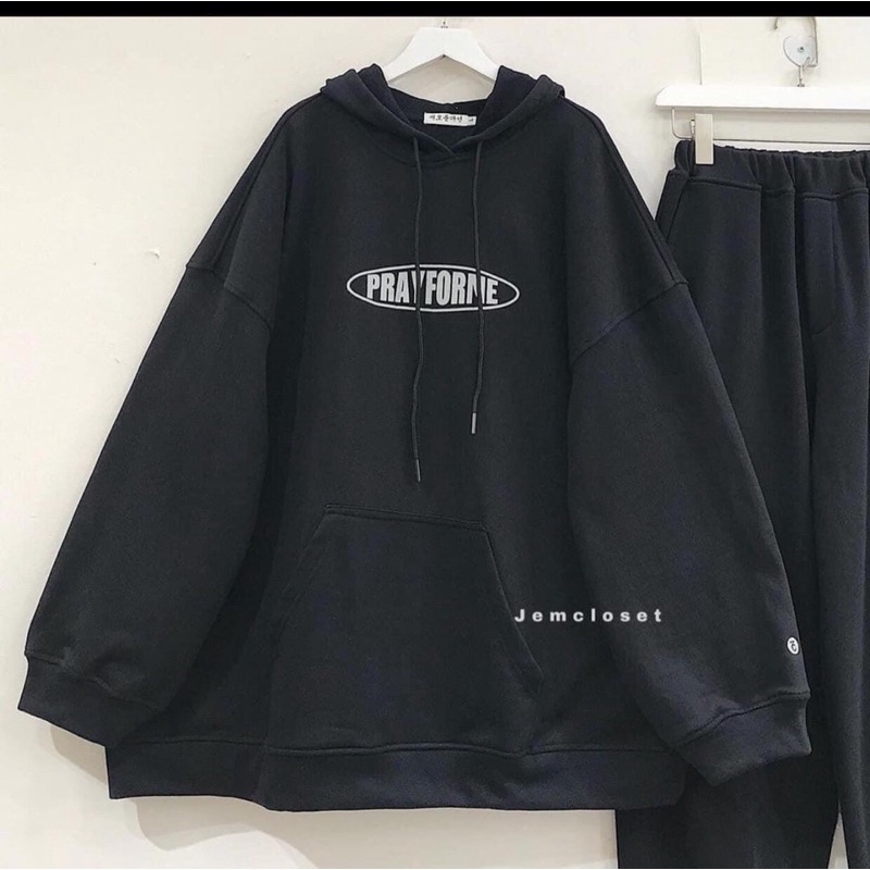 Sét bộ nỉ áo hoodie PRAY tay bồng from thụng kèm quần bom ống rộng dáng thể thao đủ màu