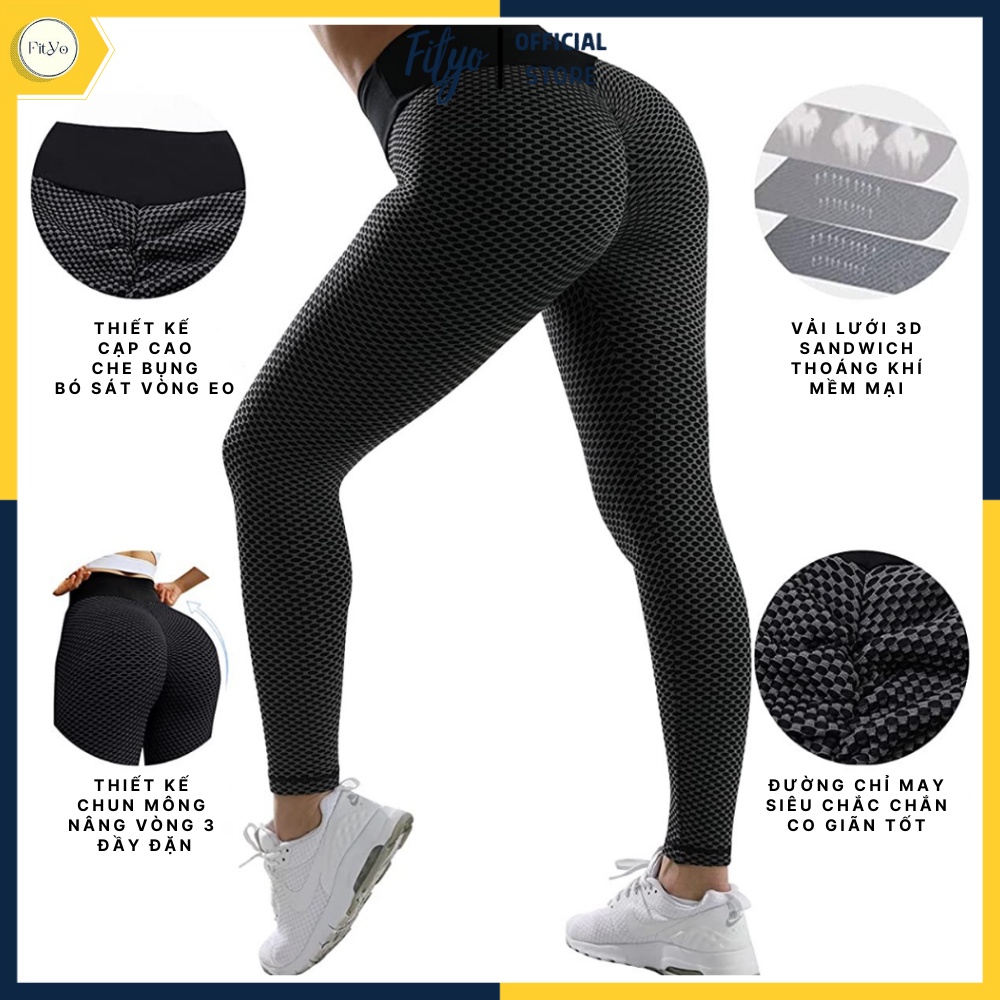 Quần tập gym nữ yoga FITYO FY03 cạp cao chun mông tôn dáng vải legging 3D co dãn 4 chiều thoáng mát màu đen