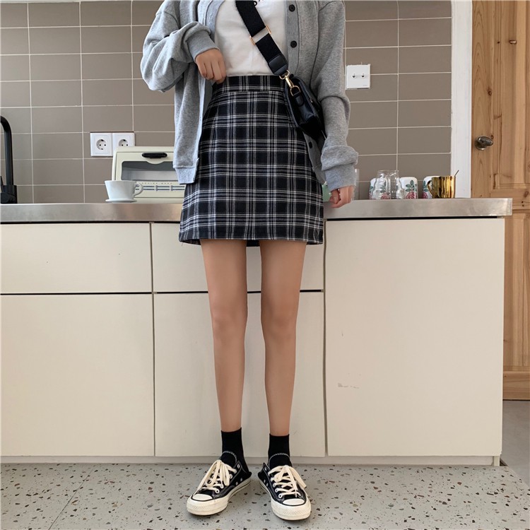 Chân váy chữ A cạp cao dáng ngắn kẻ caro công sở, chân váy ngắn lưng cao ôm ulzzang Hàn Quốc - Roxie