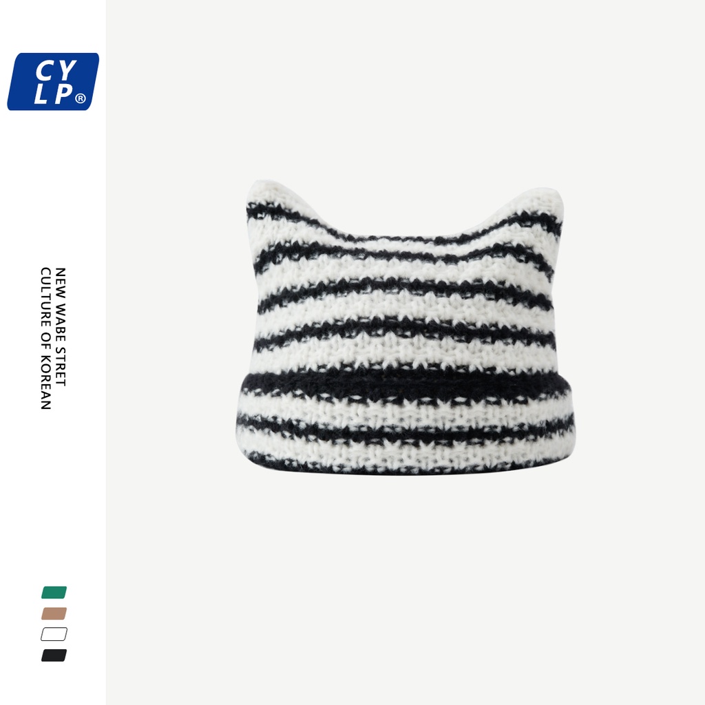 Mũ Len Kẻ Sọc Đính Tai Mèo Dễ Thương Thời Trang Thu Đông Cho Nữ