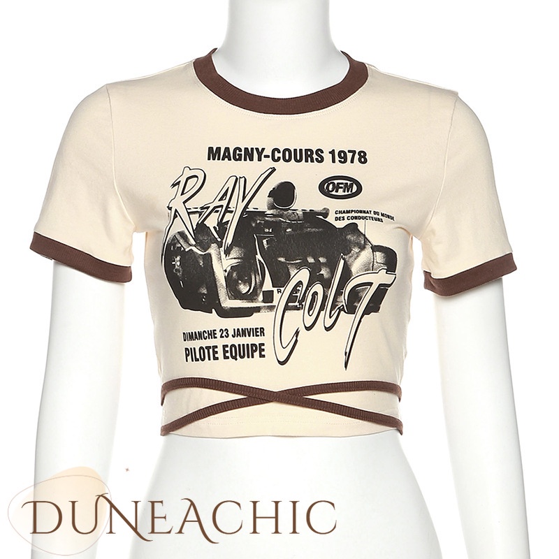 DUNEA Áo thun croptop tay ngắn thắt dây in họa tiết thời trang cho nữ