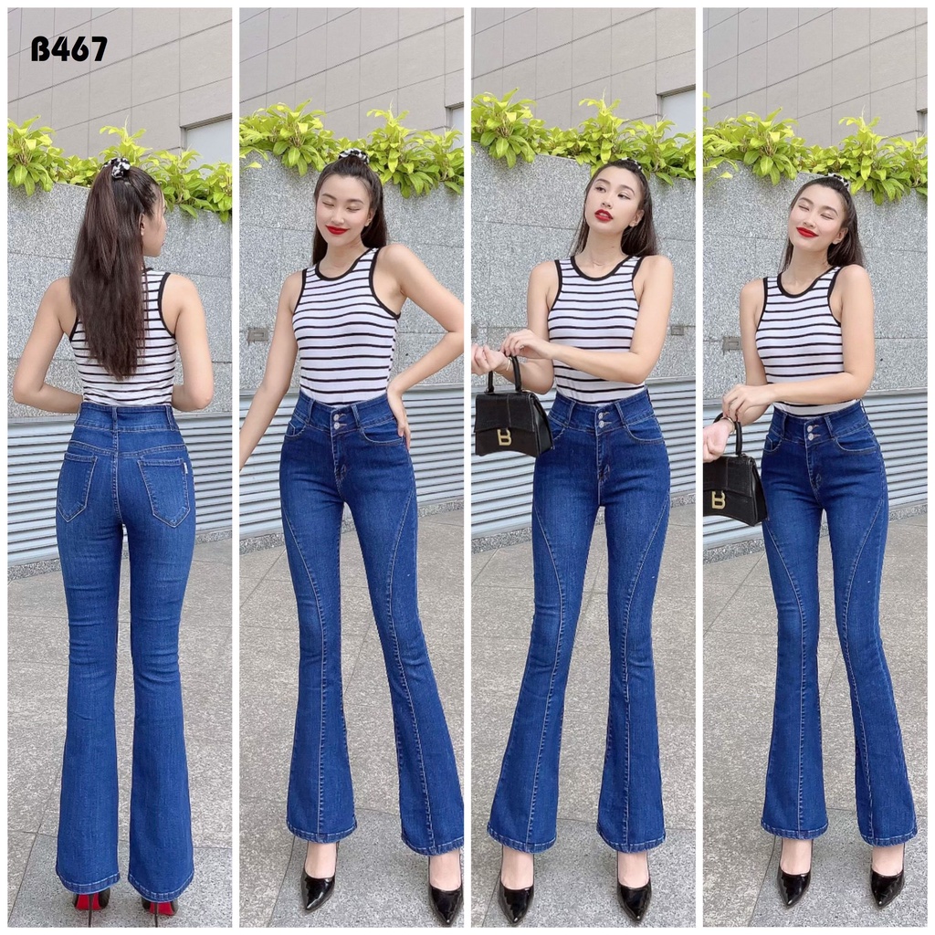 quần jean nữ loe xanh đậm hai nút gân co giãn phom chuẩn B467
