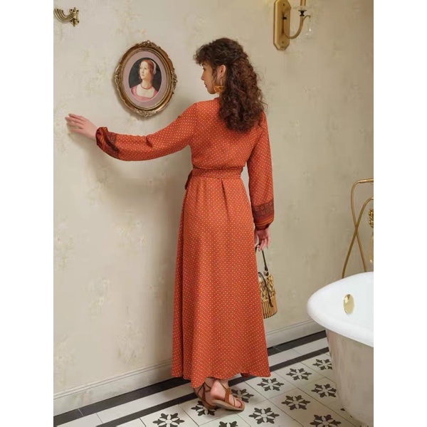 Váy boho chấm bi màu cam