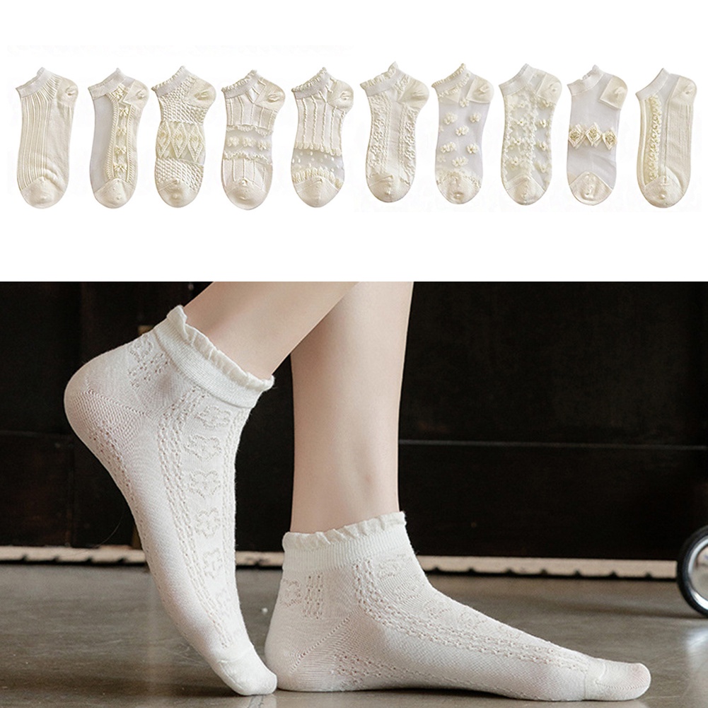 Vớ Thể Thao Trắng Cổ Thấp Phối Ren Phong Cách Thời Trang Đơn Giản