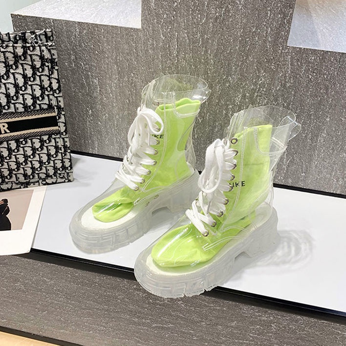 Giày bốt martin đi mưa đế dày trong suốt thoáng khí thắt dây sành điệu cho nữ