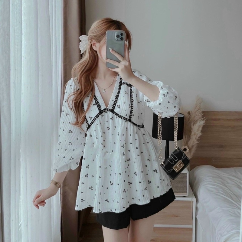 Set babydoll viền hoa ren kèm quần short TH