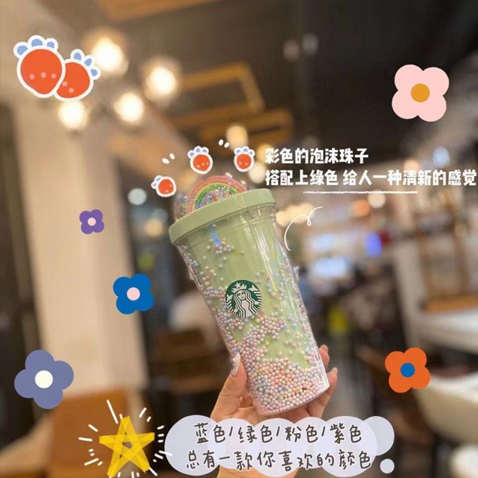 Cốc Nhựa Uống Nước Starbucks Màu Cầu Vồng Họa Tiết Hoạt Hình Hai Lớp Ống Hút 600ml