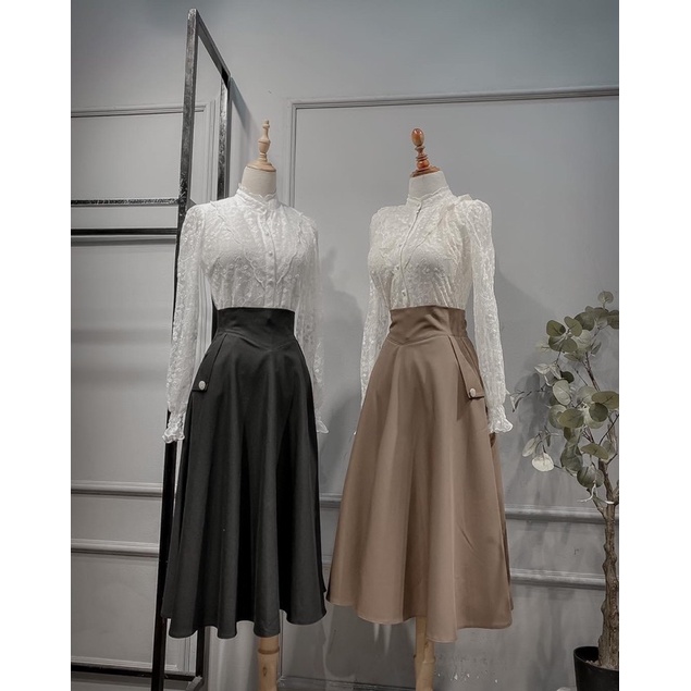 BÁN SỈ CHÂN VÁY XOÈ MIDI GEN BỤNG 2 MÀU ĐEN NÂU CHO NỮ | BigBuy360 - bigbuy360.vn