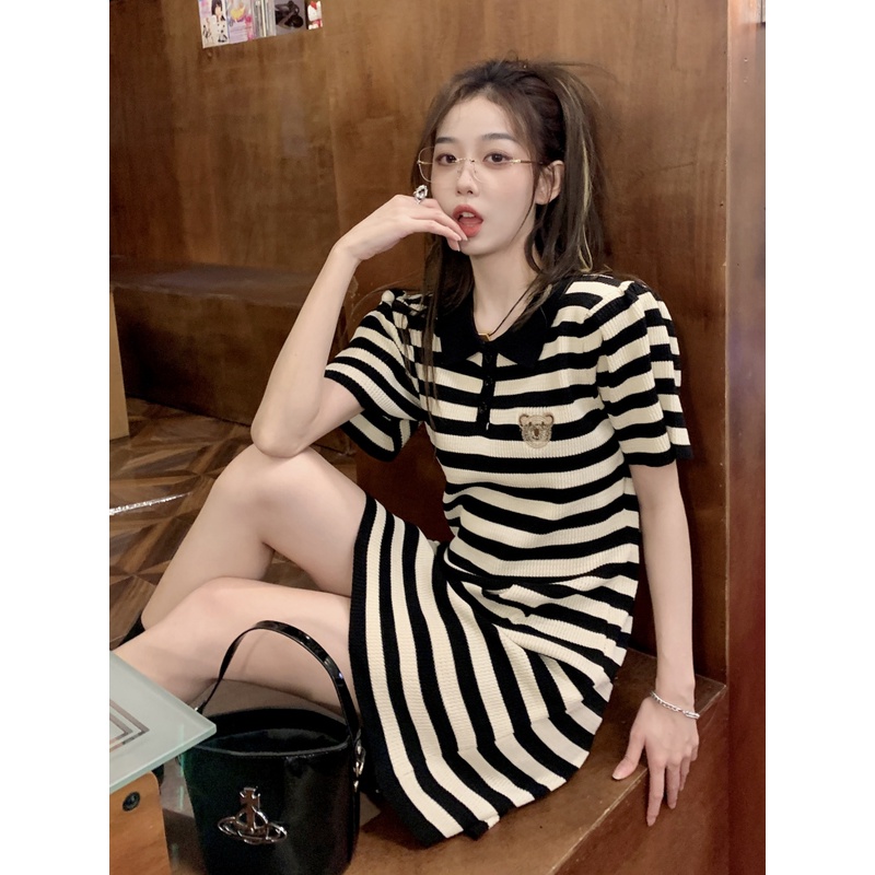 【ZHELIHANGFEI】Đầm Thun POLO Ngắn Tay Họa Tiết Sọc Thời Trang Dành Cho Nữ