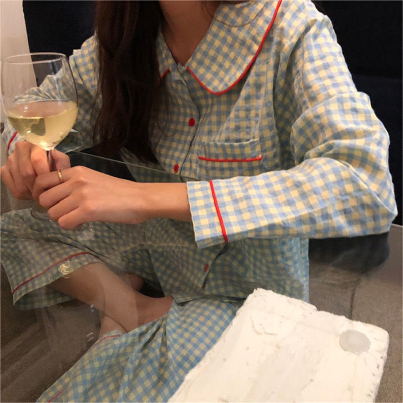 Đồ bộ ngủ pyjama caro vải lụa dài tay thời trang thu đông phong cách Hàn Quốc/Nhật Bản cho nữ