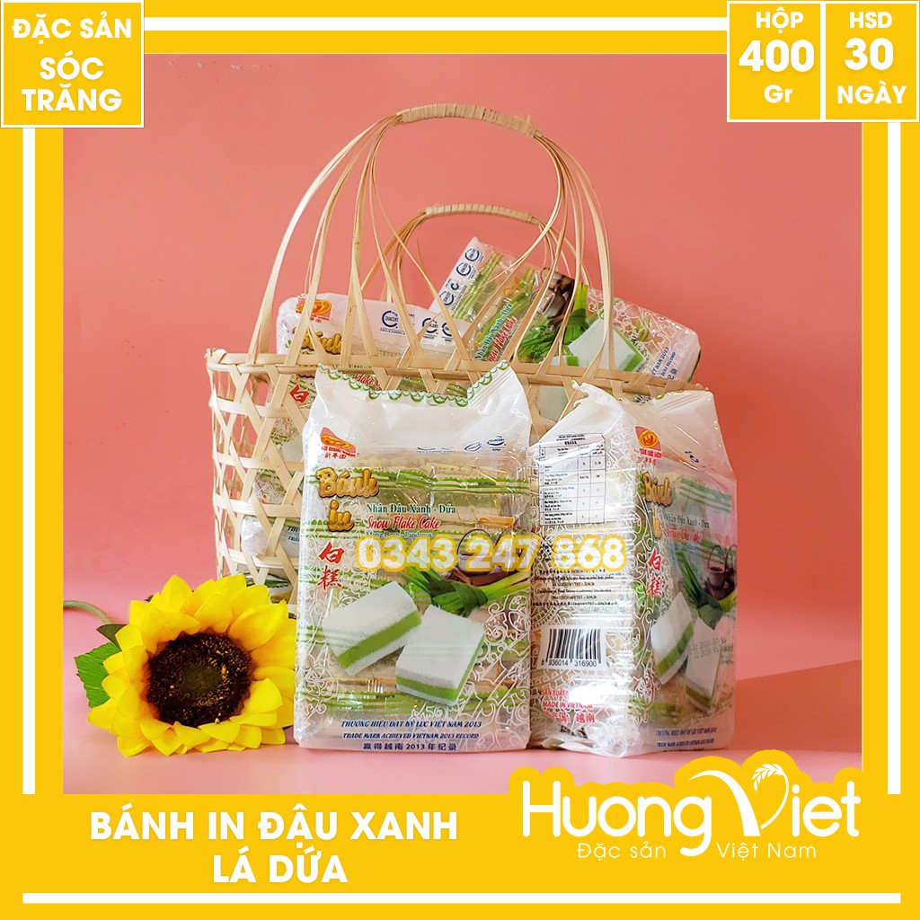 Bánh in đậu xanh lá dứa Tân Huê Viên túi 10 bánh 400g, đặc sản bánh in Sóc Trăng nhân lá dứa, đậu xanh