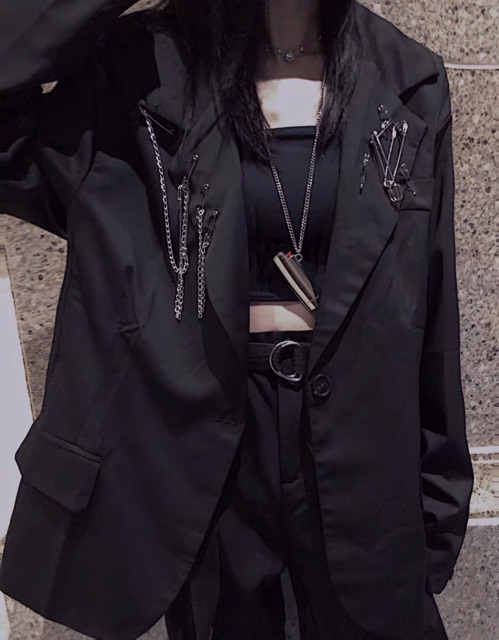 Áo blazer đen oversize form rộng kèm phụ kiện chuỗi + ghim băng unisex Ulzzang siêu chất ❤️