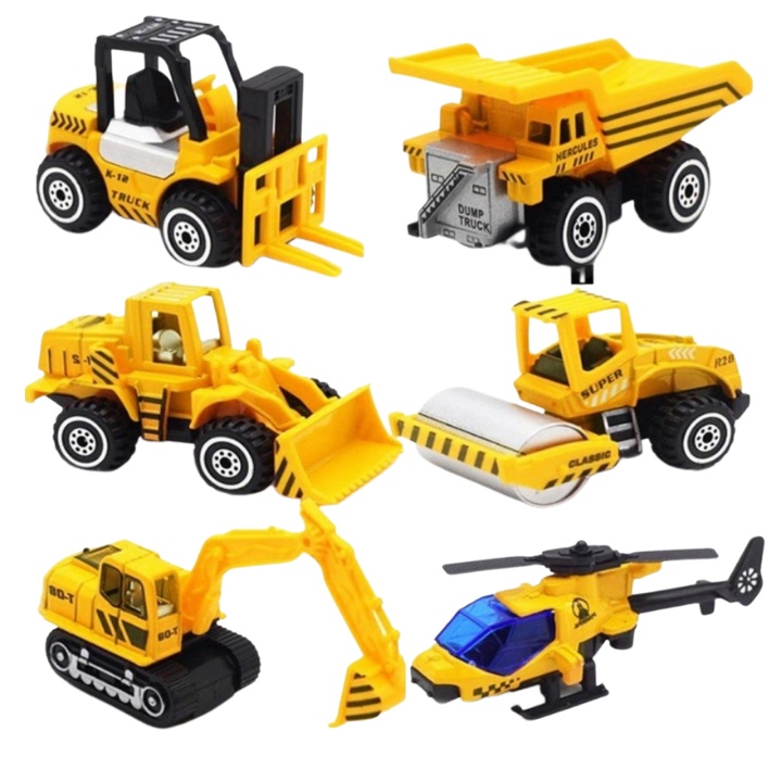 Bộ 6 xe ô tô công trình Die cast mini - mô hình bằng hợp kim và nhựa tỉ lệ 1:64