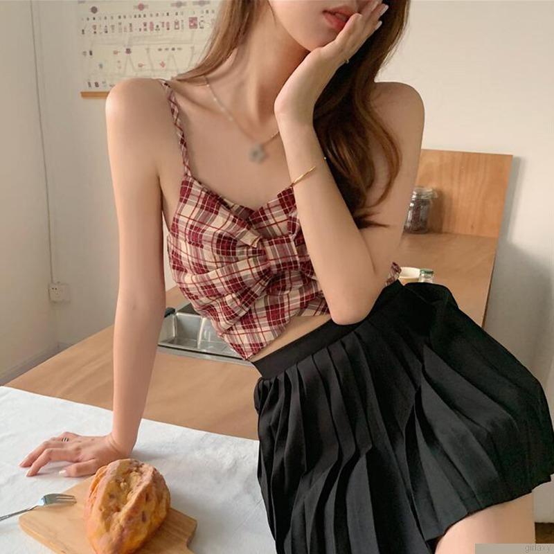 Áo croptop sát nách kẻ sọc caro đính nơ thời trang Hàn Quốc tùy chọn màu sắc dành cho nữ