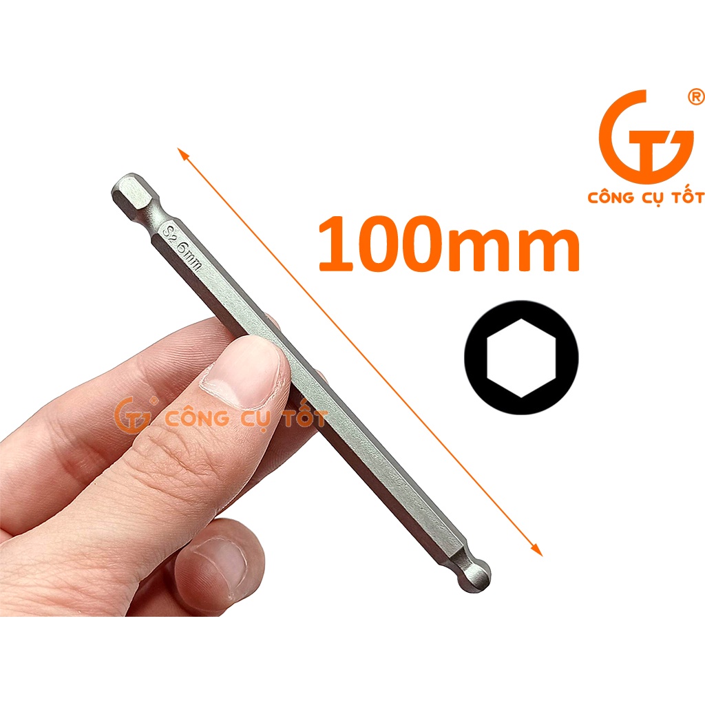 Vỉ 5 đầu bắt vít lục giác bi chuôi lục thép S2 Φ2.5 - Φ6.0 dài 100 mm