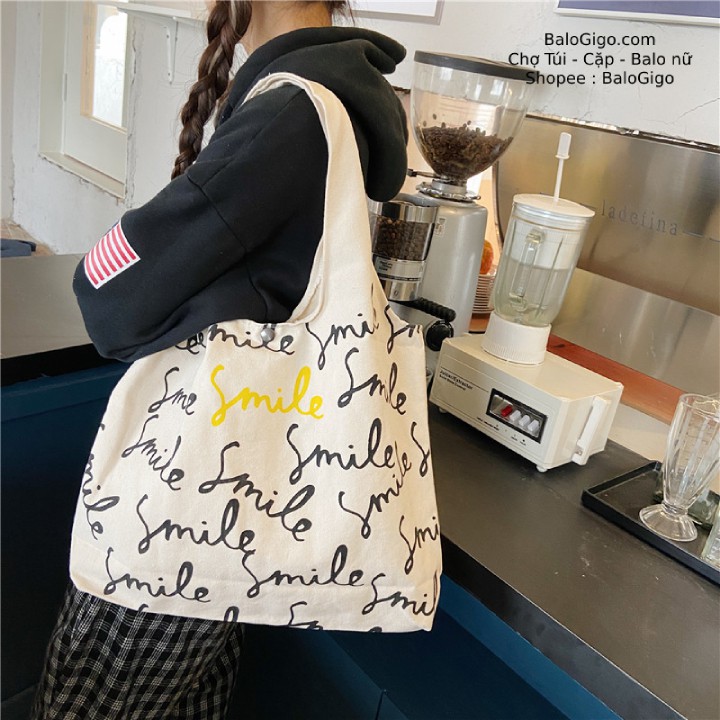 Túi tote vải quai tròn Smile  xinh xắn size lớn TT87 - BaloGigo