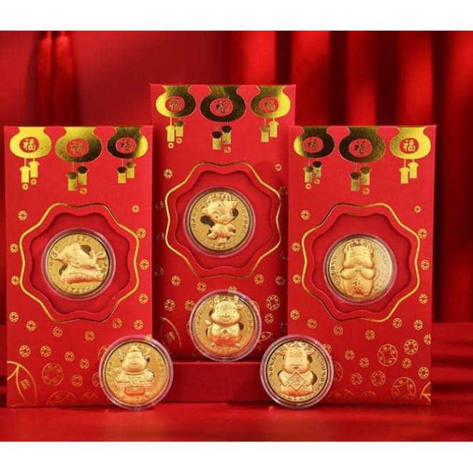 LÌ XÌ Trâu VÀNG  sang chảnh -  FREESHIP 1 Bao Lì Xì Thần Tài 1 Hộp đồng xu Trâu vàng may mắn