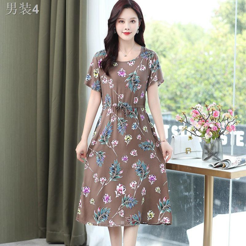 ♛▲┇Váy cotton lụa phong cách mới mùa hè phụ nữ trung niên và cao tuổi ngắn tay cỡ lớn thời trang rộng rãi mẹ d